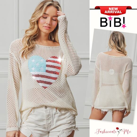 BiBi Sequin Detail American Flag Heart Patch Open Knit Cover Up Top | Off White - Picture 1 of 11